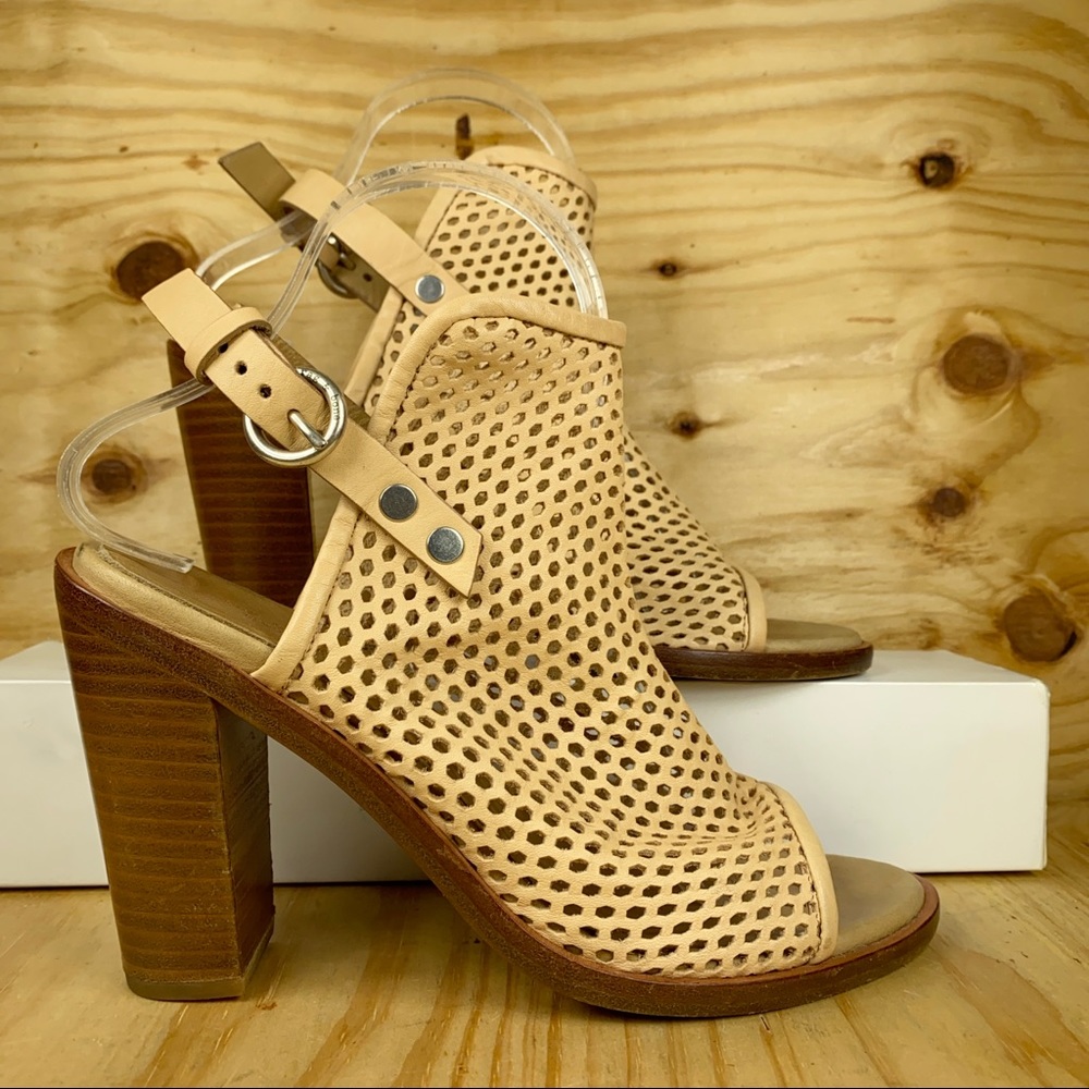 Rag & Bone Beige Leather Peep Toe Cutout Sandals Block Heel Slingback Shoes 37.5